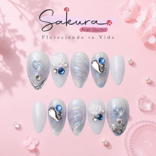 Blancas con tornasol azul, flores blancas y piedras S