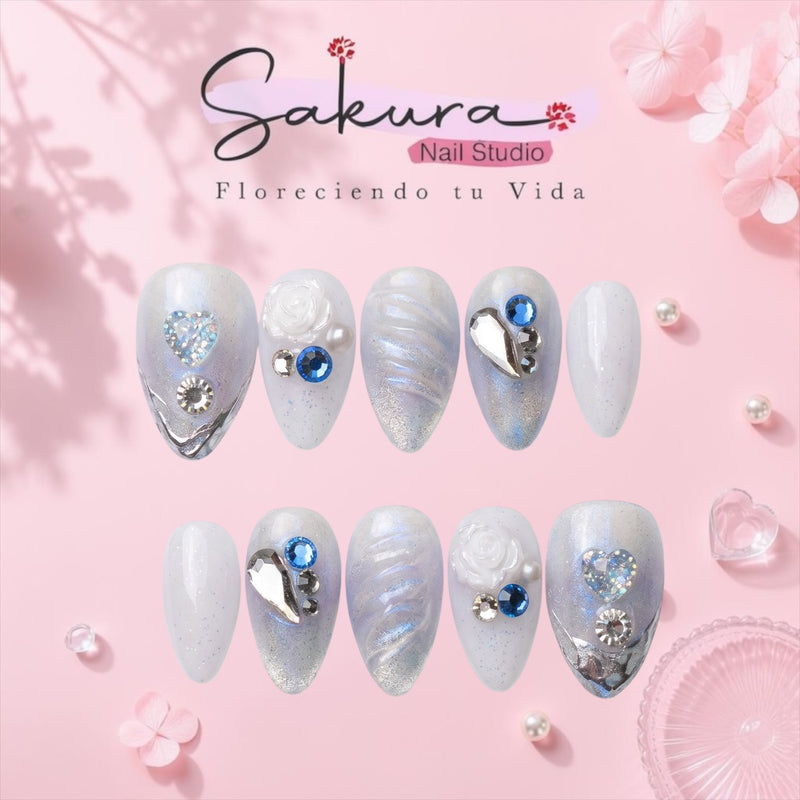 Blancas con tornasol azul, flores blancas y piedras S